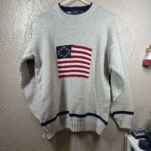 Vintage Liberty Sweater Cotton Knit Heather Gray Patriotic Flag Made in USA Sz L